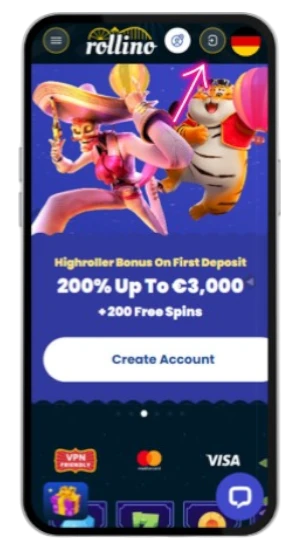 Screenshot der Rollino Casino App auf Deutsch mit Willkommensbonus.