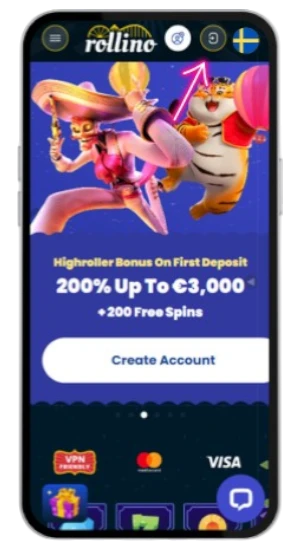 Rollino mobilapp på svenska med välkomstbonus.