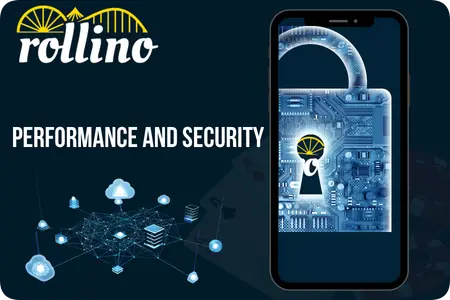 Digital security interface from Rollino featuring a smartphone with a padlock and connection nodes.