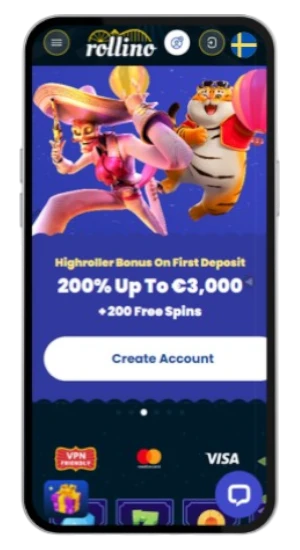 Rollino mobilgränssnitt på svenska som visar välkomstbonus och registreringsknapp.