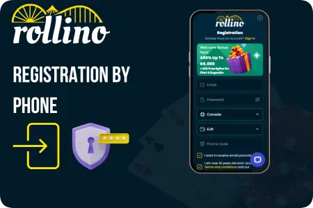 Rollino Registration by phone banner with bonus offer.