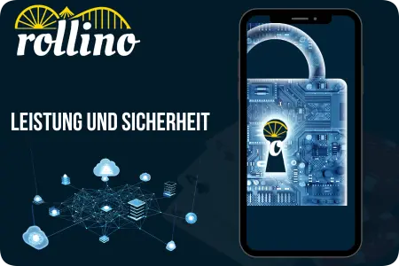 Rollino Banner für „Leistung und Sicherheit“ mit Symbolen für Netzwerktechnologie und mobiles Datenschloss.