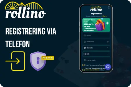 Instruktion för Rollino-registrering via telefon på svenska med aktuellt välkomstbonuserbjudande.