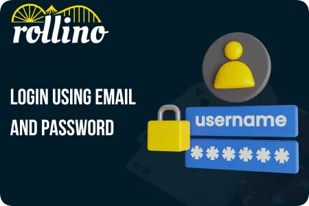 Rollino official portal illustration for login using email and password with secure authentication icons.